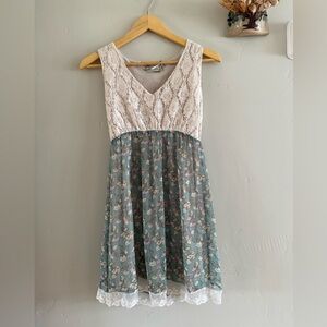 Lace Bodice Floral Mini Dress in Sage and Ivory